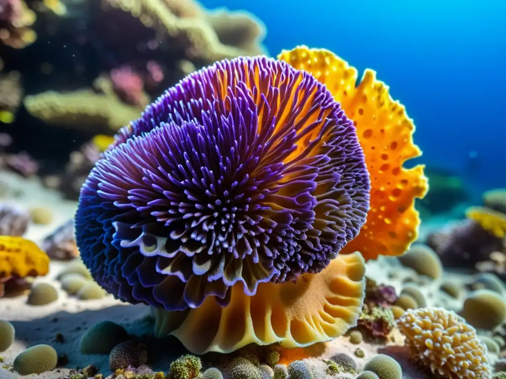 Esponja marina naranja y morada rodeada de vida marina en el fondo del océano, resaltada por la luz solar filtrada