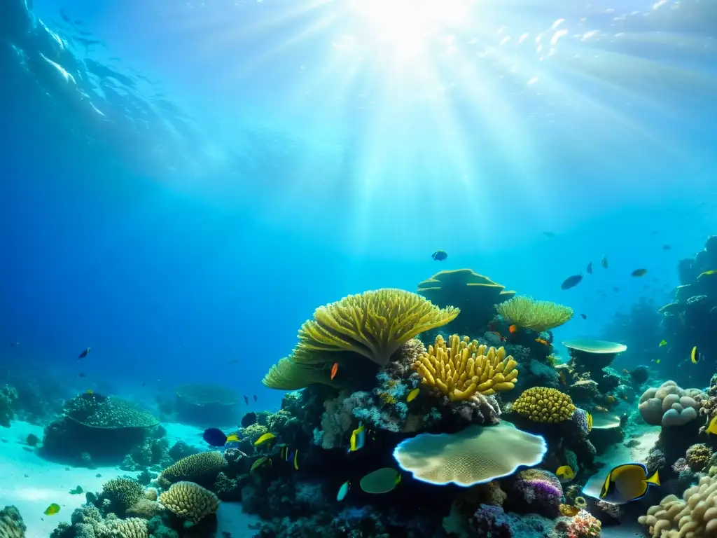 Estampados sostenibles de arrecifes de coral: Un vibrante ecosistema marino con corales y peces de colores bajo la luz del sol en el fondo del océano