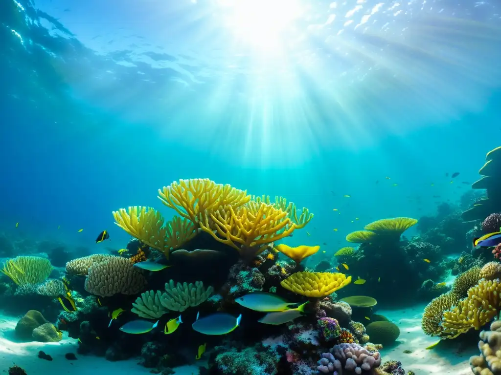 Estampados sostenibles de arrecifes de coral: Fotografía submarina vibrante capturando un exuberante arrecife de coral lleno de vida marina colorida