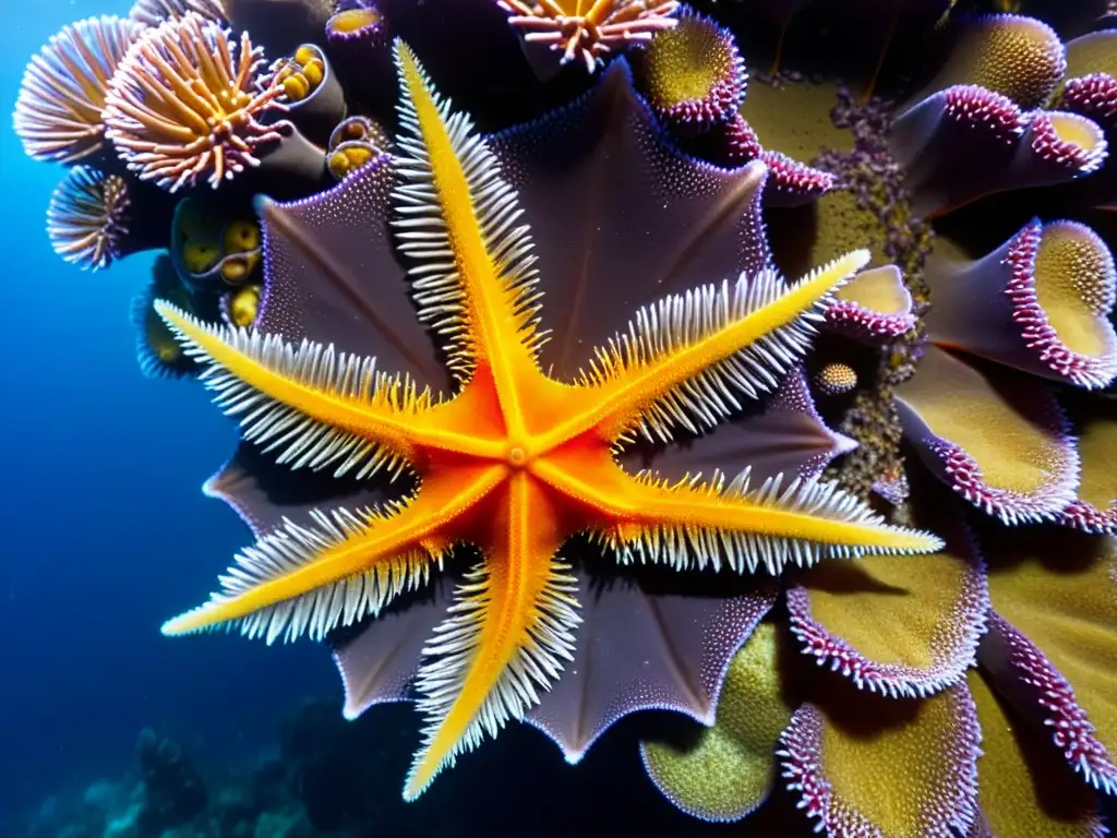 Una estrella de mar corona de espinas invasora aferrada a un arrecife de coral, contrastando sus colores vibrantes con la delicadeza del arrecife