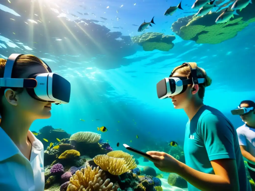 Estudiantes exploran un arrecife de coral en realidad virtual, tecnología educativa para oceanografía