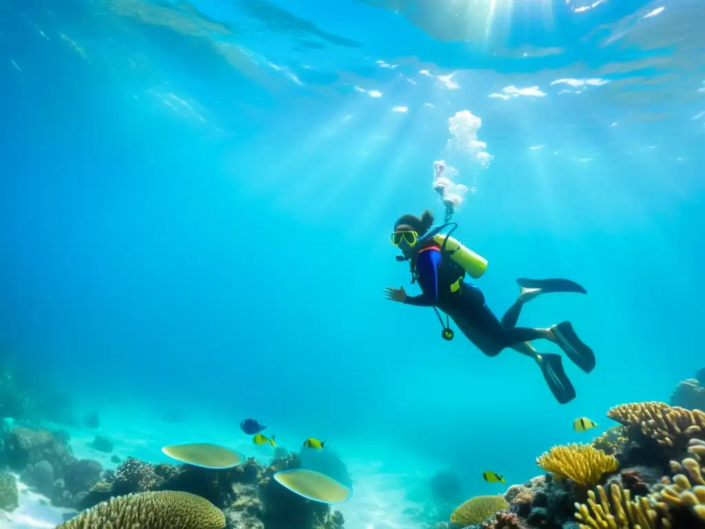 Estudiantes entusiastas realizan un proyecto de ciencia ciudadana educación marina, sumergidos en aguas cristalinas y rodeados de vida marina colorida