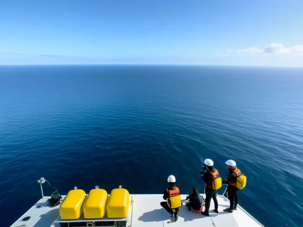 Estudiantes realizan experimentos en plataforma oceánica, con instrumentos científicos