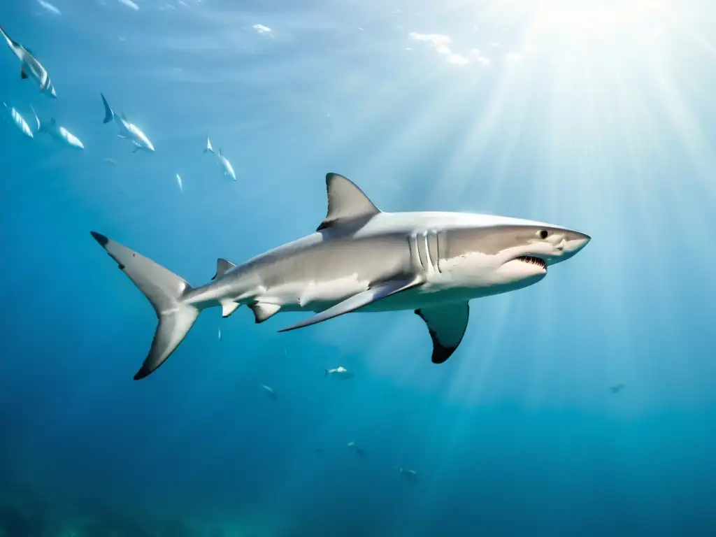 Estudio ADN tiburones vida marina: Imponente tiburón surcando aguas cristalinas con destellos de luz y sombra, rodeado de peces en su hábitat natural