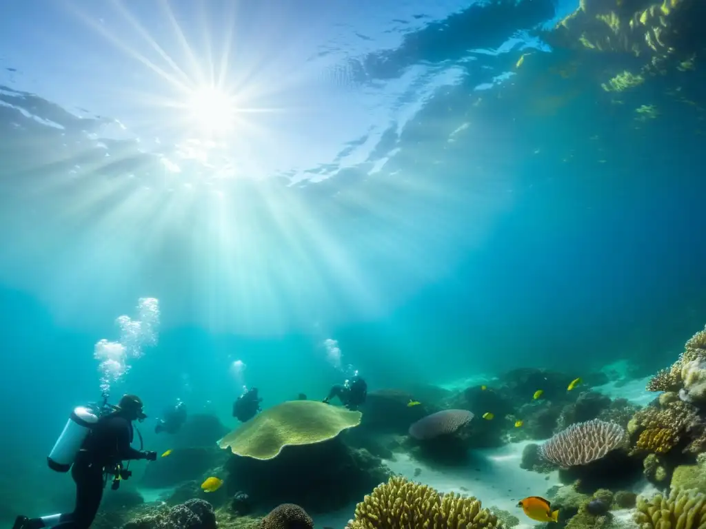 Estudio de la vida marina aficionados explorando un fascinante ecosistema marino lleno de coloridas criaturas bajo el sol