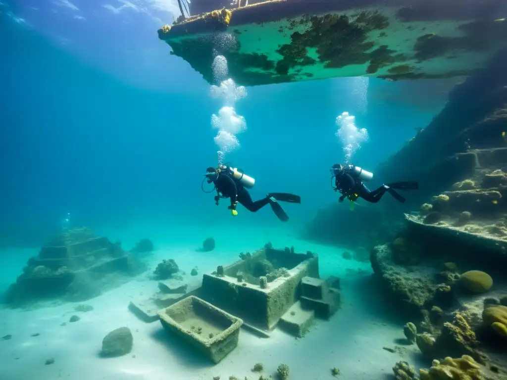 Excavación submarina, equipo de buceadores descubriendo reliquias antiguas lecho marino