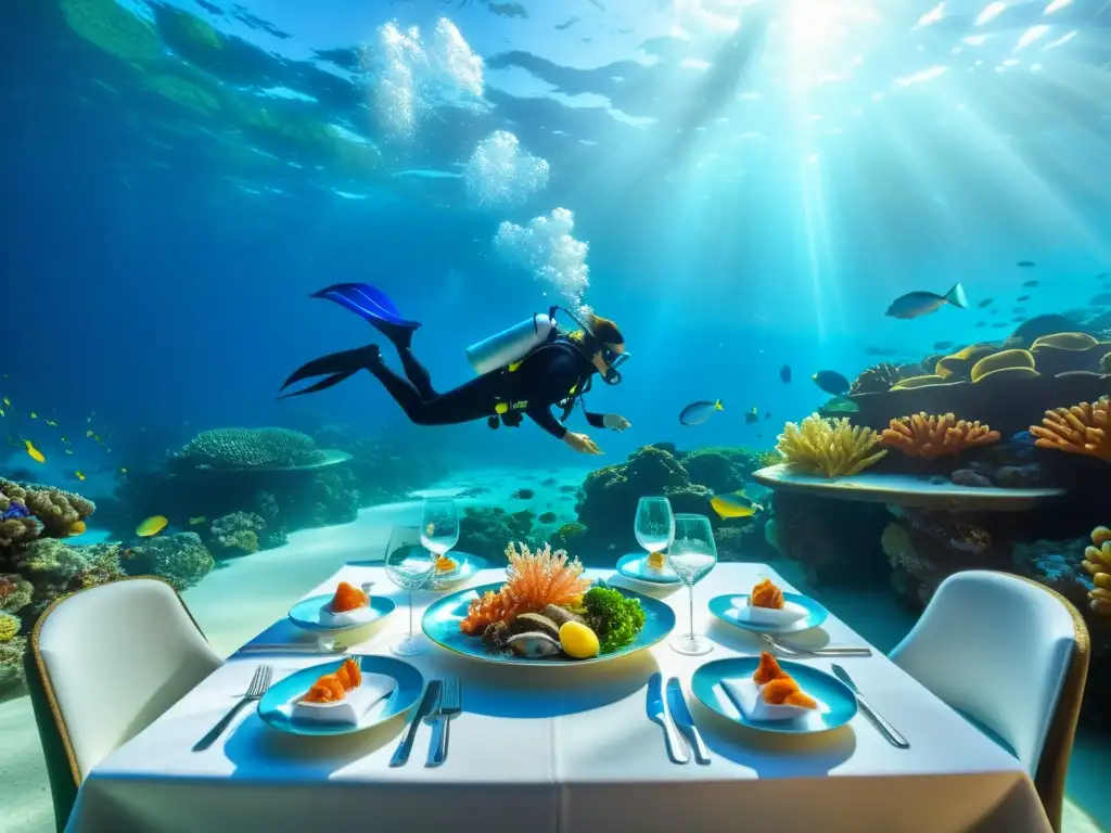 Un exclusivo banquete submarino en restaurante de mariscos VIP con mesa elegante y arrecife de coral lleno de vida marina