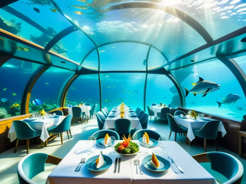 Exclusivo restaurante de mariscos de lujo bajo el mar, con elegante decoración y ambiente submarino rodeado de vida marina vibrante