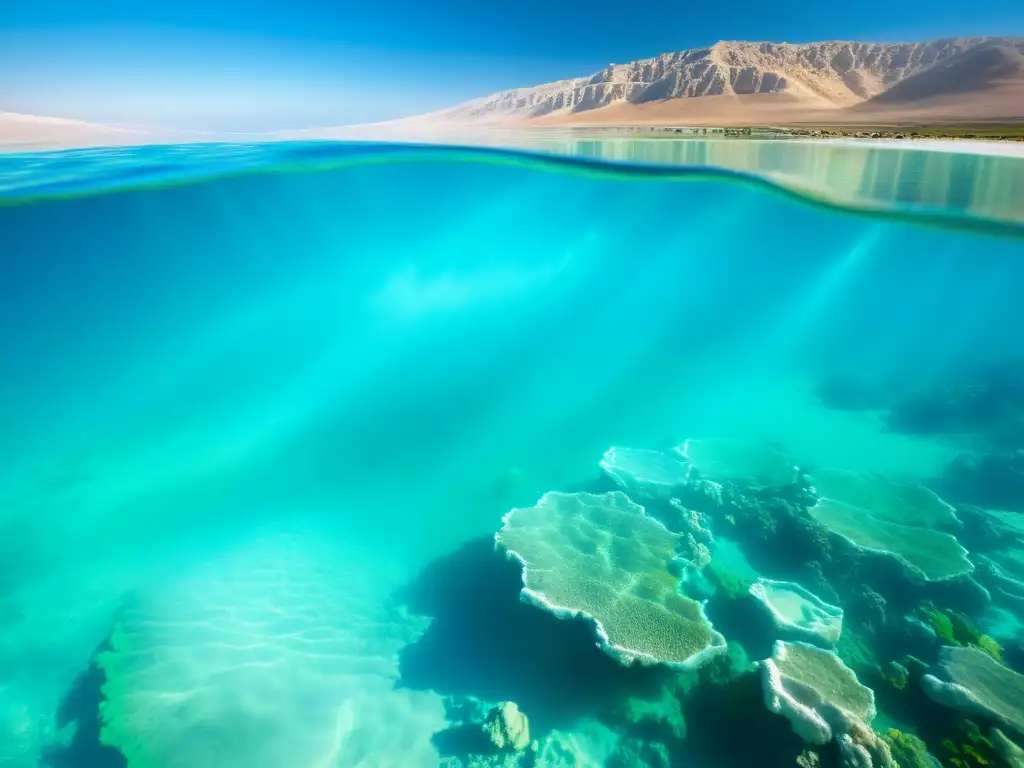 Exfoliante natural del mar muerto: Fotografía submarina de aguas cristalinas y arrecifes de coral, con peces de colores y formaciones de sal