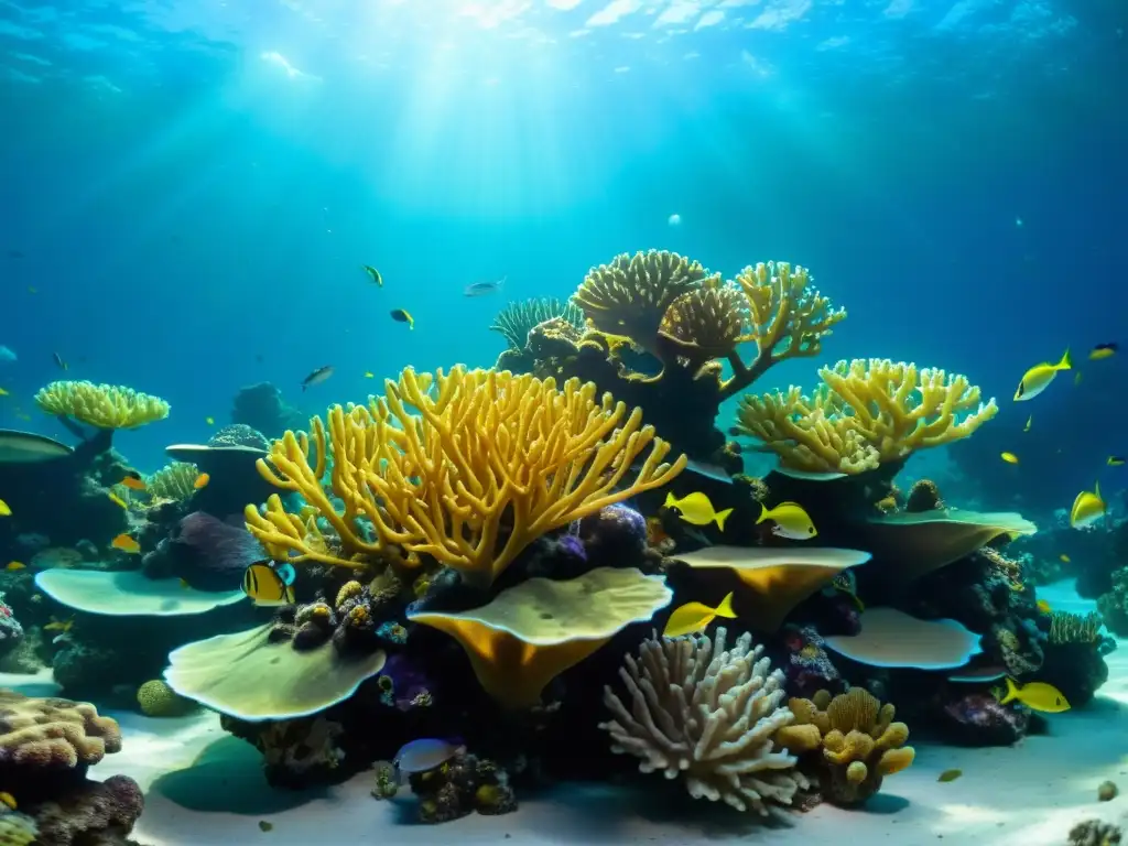 Un exitoso planificación acuario marino, con vibrante arrecife de coral, corales coloridos y peces iridiscentes en un paisaje acuático cautivador