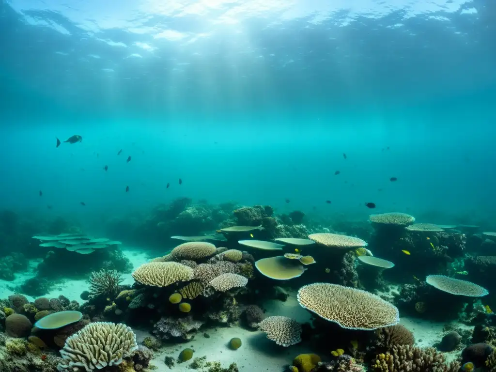 Una expansión zonas muertas oceánicas: paisaje submarino desolado con corales muertos y peces inmóviles en agua quieta y oscura