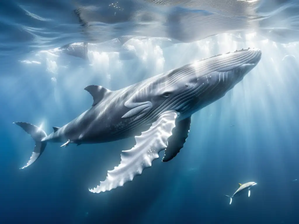 Una expedición a las ballenas azules en el océano: majestuosa ballena azul nadando entre peces plateados en un mar profundo y azul