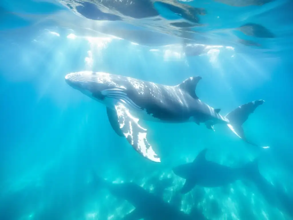 Expediciones científicas con cetáceos: Imagen de majestuosas ballenas jorobadas nadando graciosamente en aguas turquesa, iluminadas por el sol