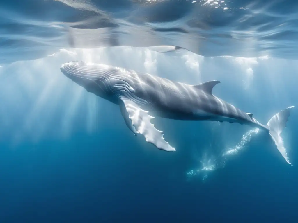 Expediciones de descubrimiento gigantes marinos: Majestuosa ballena azul nadando con tranquilidad entre peces plateados y montañas submarinas