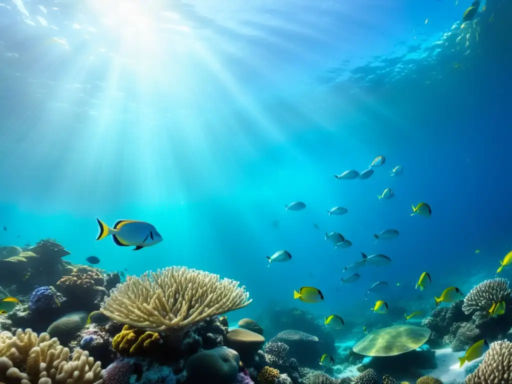 Expediciones conservación marina: Hermoso arrecife de coral con vida marina vibrante y diversa, bañado por la luz del sol en el agua cristalina