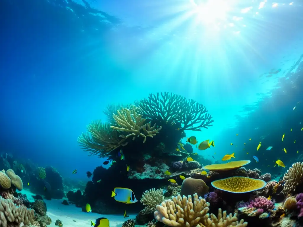 Expediciones marinas con impacto cero: un arrecife de coral vibrante y lleno de vida marina, bañado por la luz del sol en el agua cristalina