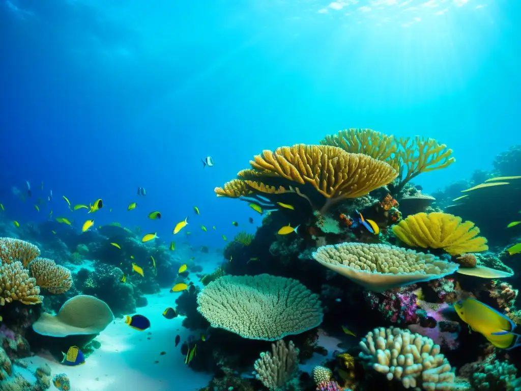 Expediciones conservación marina: Un vibrante arrecife de coral repleto de vida marina y colores sorprendentes bajo el agua cristalina