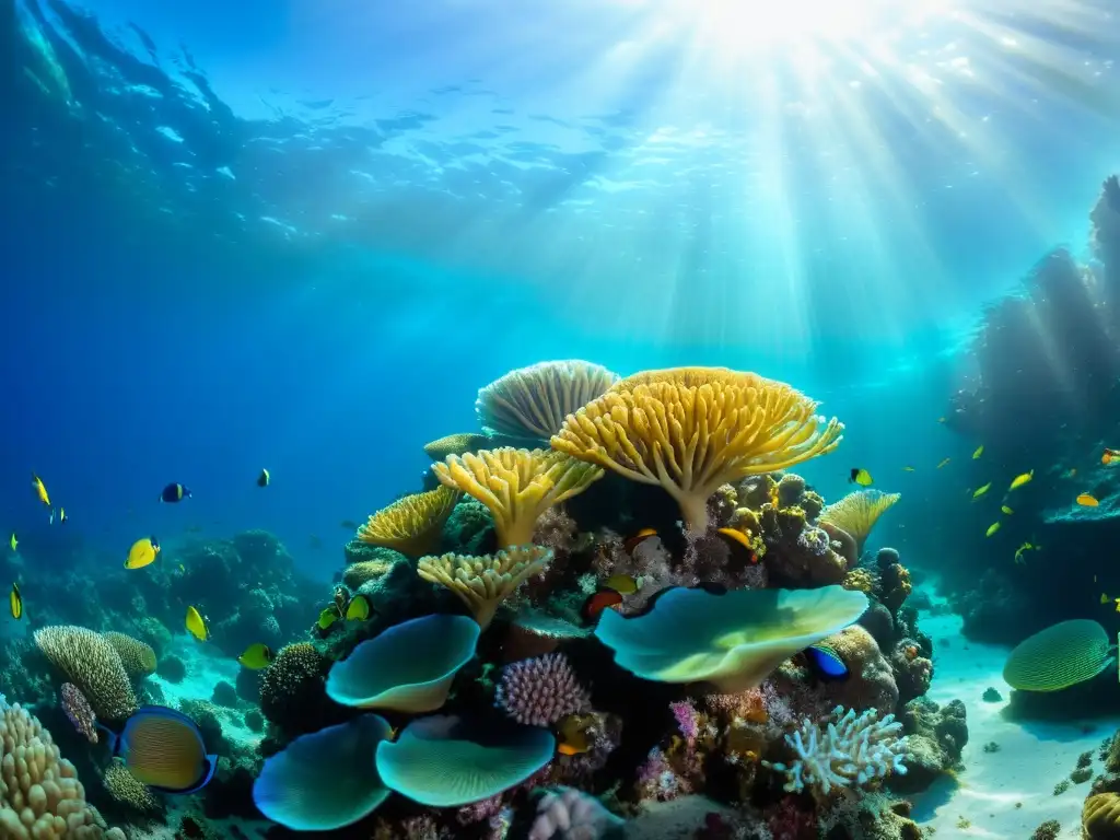 Expediciones virtuales de mapeo marino: Un vibrante ecosistema de arrecife de coral, lleno de vida marina colorida y patrones de corales suaves y duros