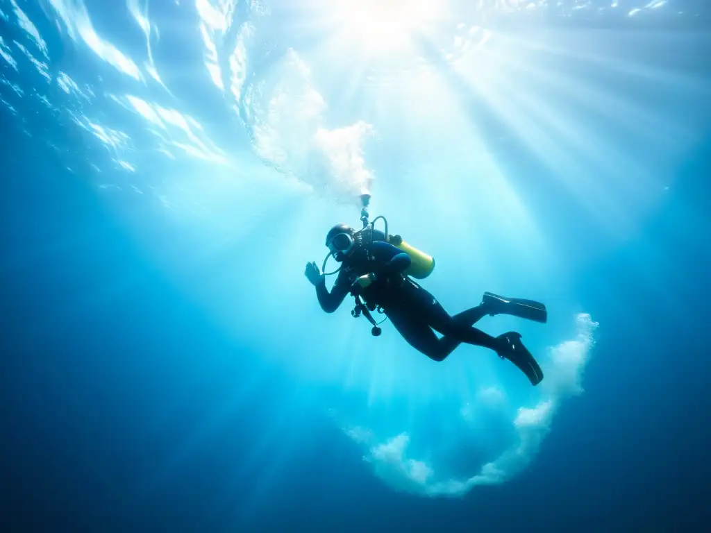 Expediciones vórtice marino: Buceador junto a poderoso remolino en el océano, rodeado de agua cristalina y luz solar