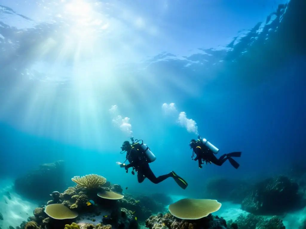 Expediciones vórtice marino: científicos submarinos explorando la belleza misteriosa del vórtice marino, entre corales, peces y vida marina vibrante