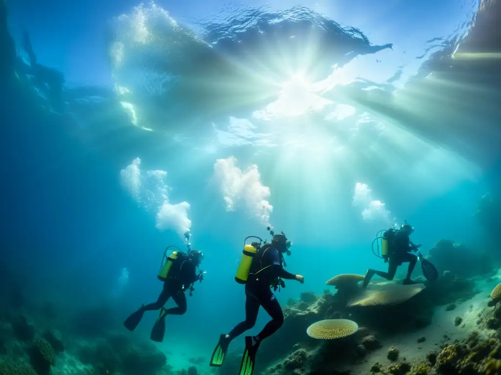 Expediciones vórtice marino: equipo de buceadores investiga vida marina en vórtice submarino, con colores vivos y luz filtrada