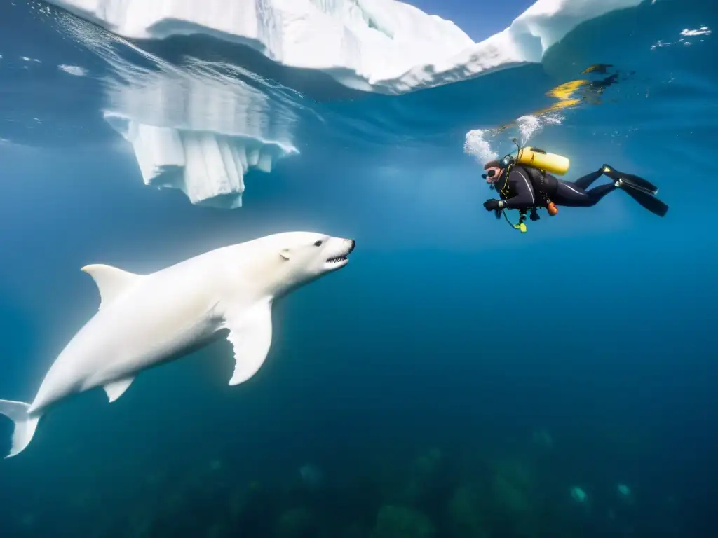 Experiencia en buceo polar con equipos de buceo para expediciones polares, rodeados de vida marina en aguas cristalinas y heladas