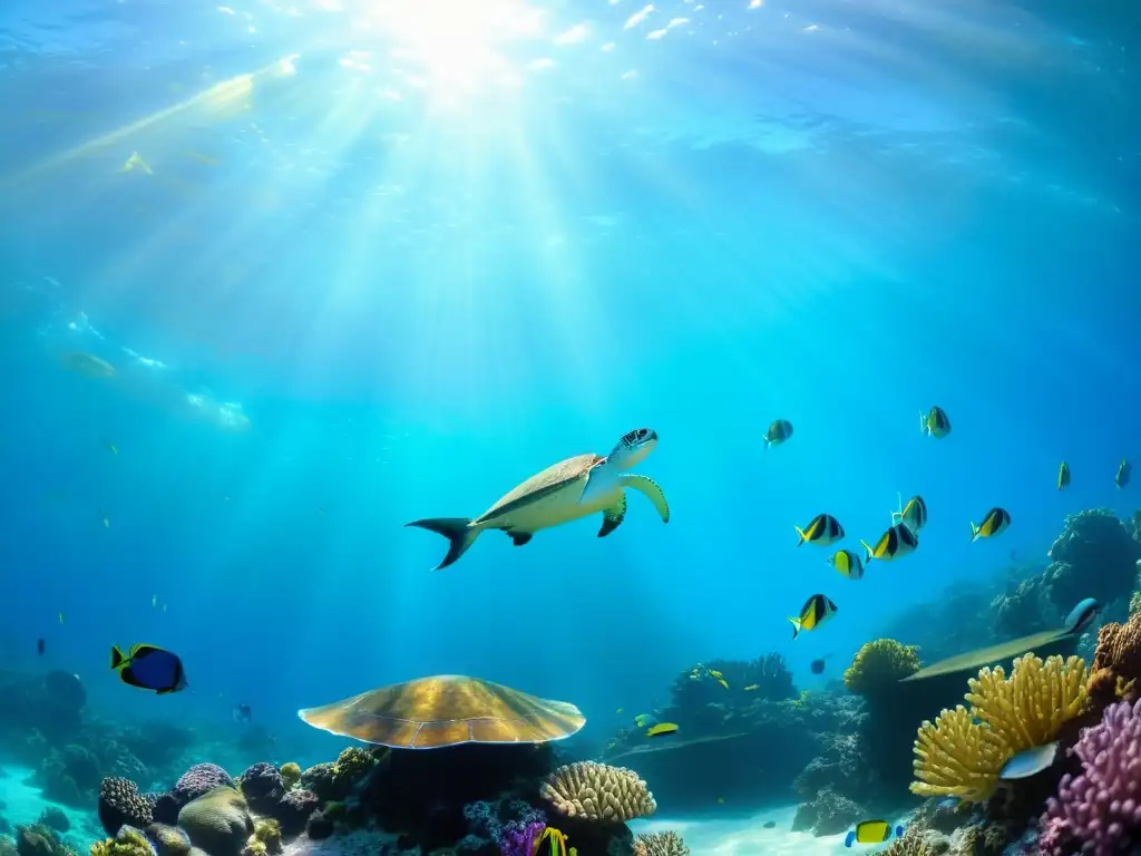 Una experiencia gastronómica y de buceo marino: vibrante escena submarina llena de vida y color en arrecifes de coral