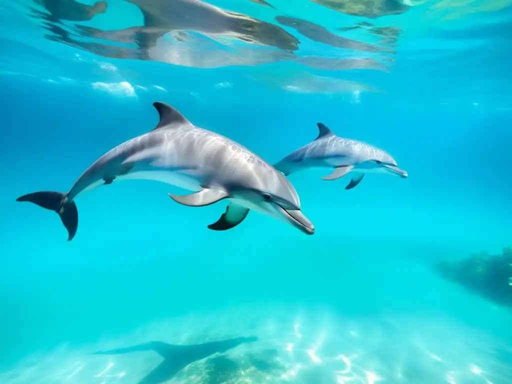 Experiencia de nado con delfines sin impacto en aguas cristalinas, rodeados de vida marina vibrante