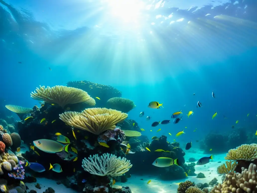 Experiencia de inmersión oceánica en realidad virtual: Fotografía impresionante de un vibrante arrecife de coral, con peces de colores y vida marina