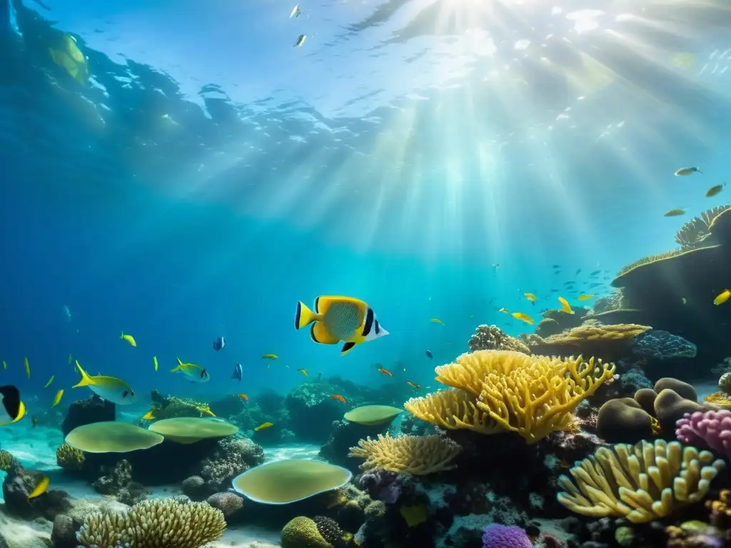 Experiencia de inmersión oceánica en realidad virtual: Fotografía submarina de un vibrante arrecife de coral lleno de vida marina colorida y plantas marinas ondeantes, con la luz filtrándose a través del agua