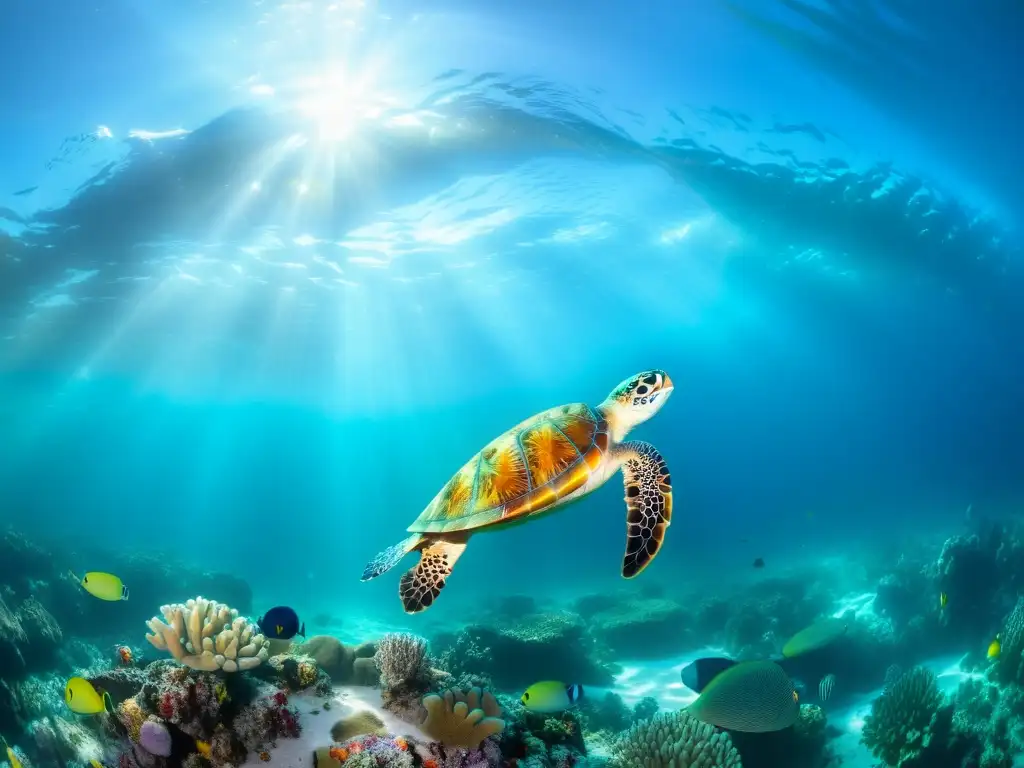 Experiencia de inmersión oceánica en realidad virtual: Un vibrante arrecife de coral con vida marina diversa, aguas cristalinas y una tortuga majestuosa