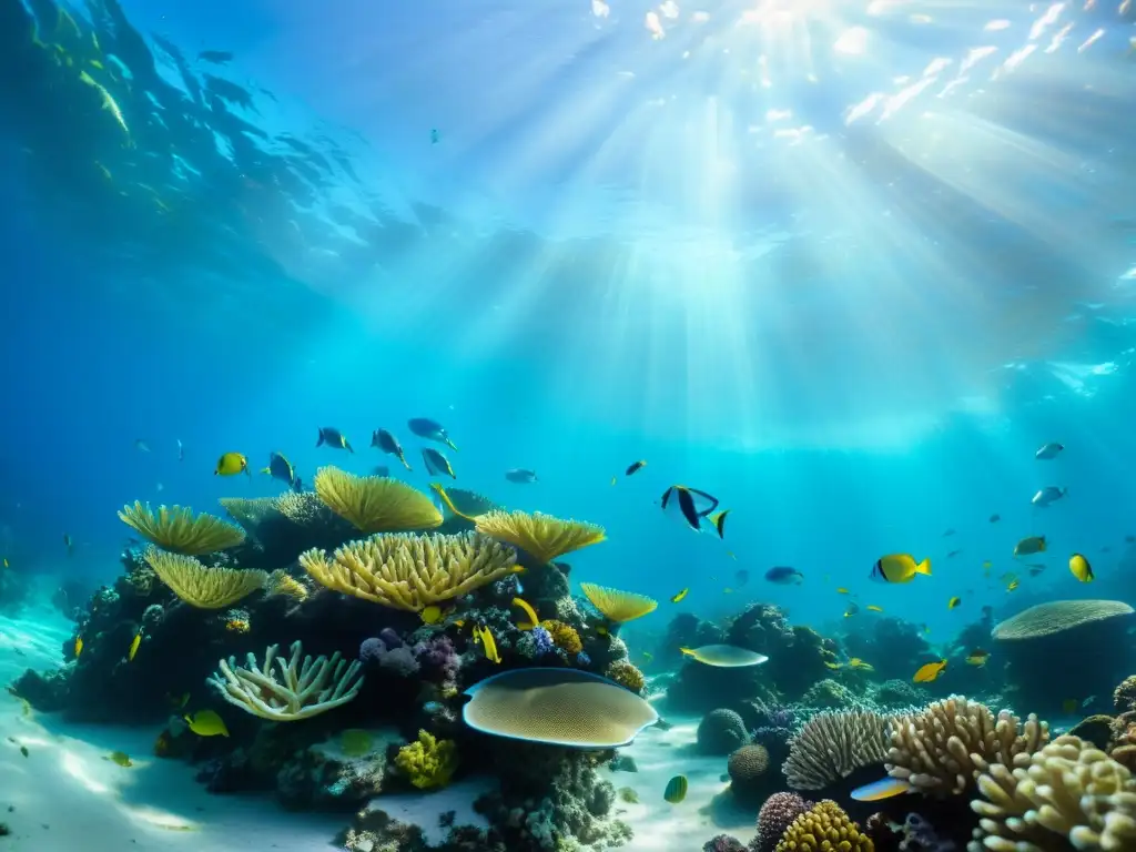 Experiencia de inmersión oceánica en realidad virtual: Un vibrante arrecife de coral repleto de vida marina y plantas marinas ondulantes, bajo el agua azul y cristalina, con patrones de luz solar fascinantes en el suelo marino