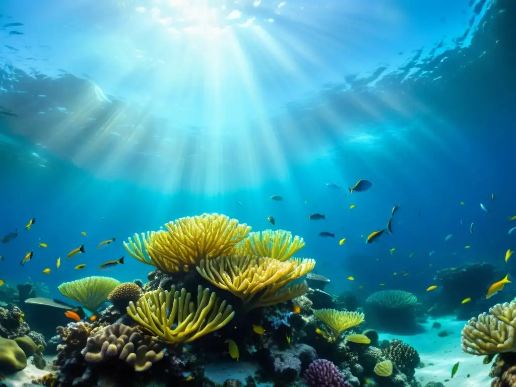 Experiencia de inmersión oceánica en realidad virtual: un vibrante arrecife de coral con peces coloridos y plantas marinas, bañado por la luz del sol