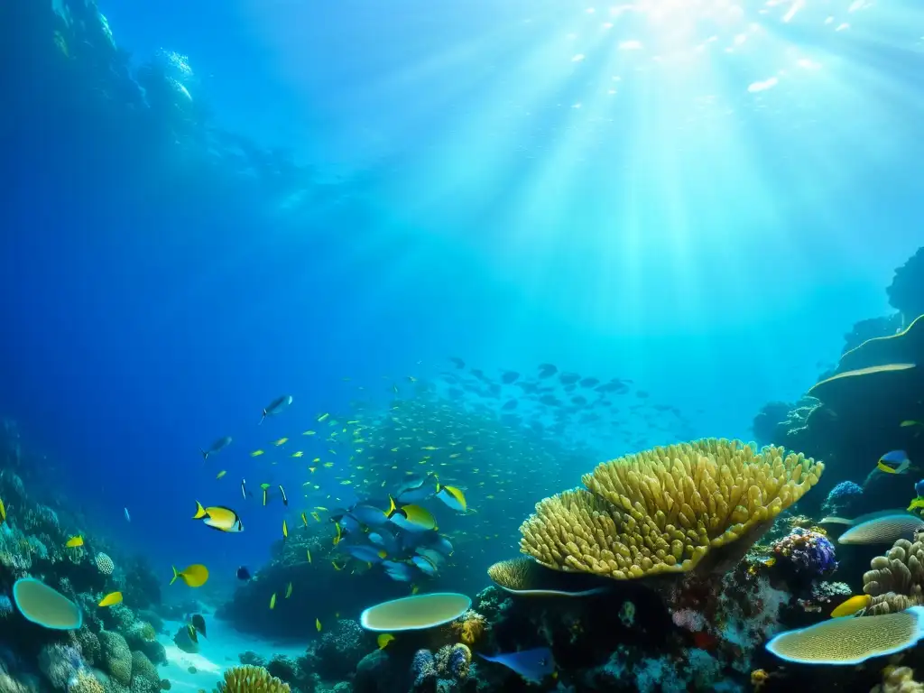 Experiencia de inmersión oceánica en realidad virtual: vista detallada de un vibrante arrecife de coral, con peces coloridos y luz filtrada