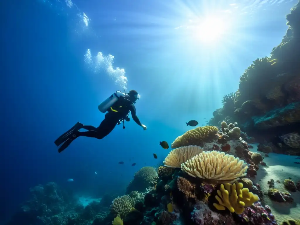 Experiencia única de buceo exclusivo en las fosas Marianas, rodeado de vida marina y coral vibrante en aguas azules