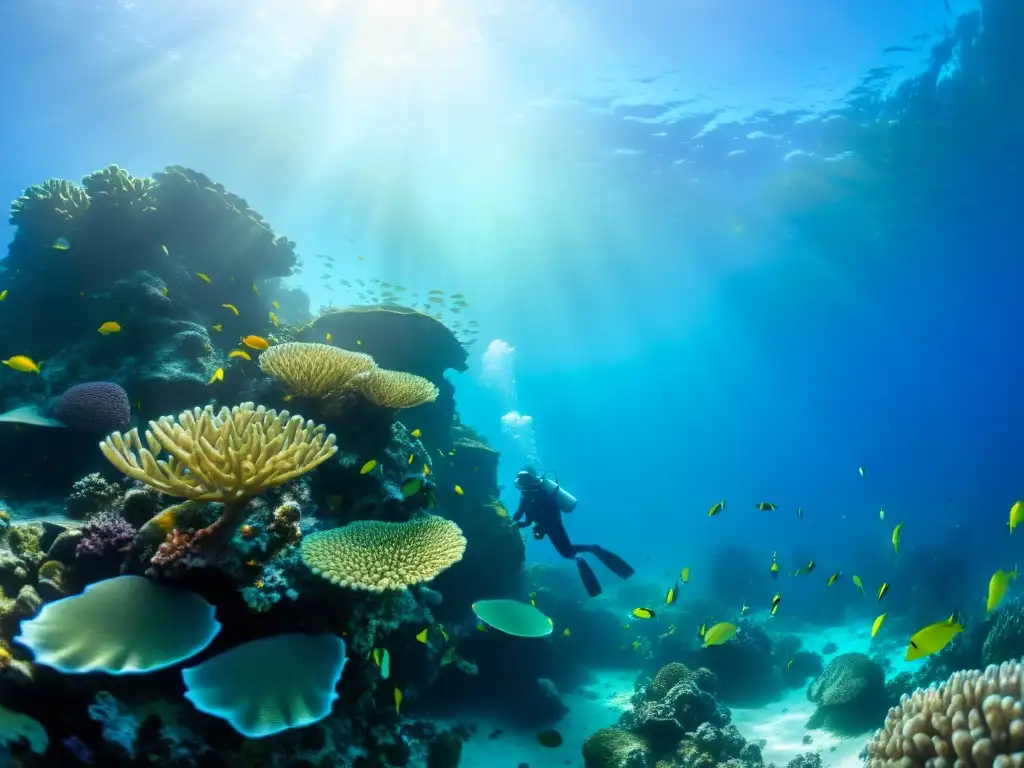 Experiencias gastronomía buceo marino: Fotografía submarina de arrecife de coral vibrante, peces coloridos, buceador y belleza natural