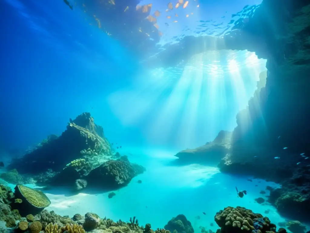 Experiencias de buceo en cavernas: impresionante caverna submarina iluminada por la luz azul, revelando formaciones rocosas y vida marina variada