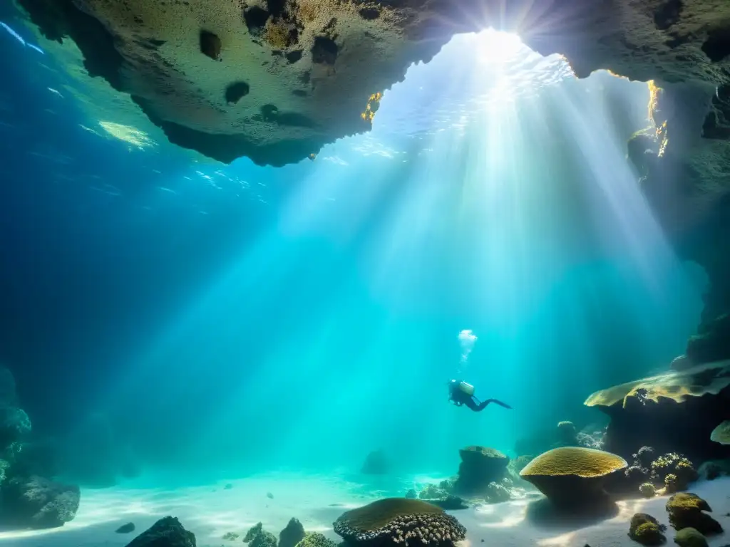 Experiencias de buceo en cavernas: Un mundo submarino de misterio y belleza, con aguas turquesas y vida marina vibrante iluminada por la luz del sol