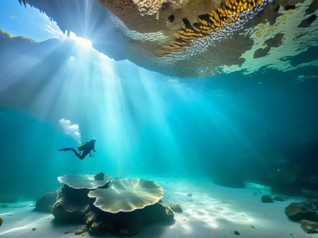 Experiencias de buceo en cavernas: Cenote subterráneo con luz solar filtrándose, formaciones rocosas antiguas y peces coloridos