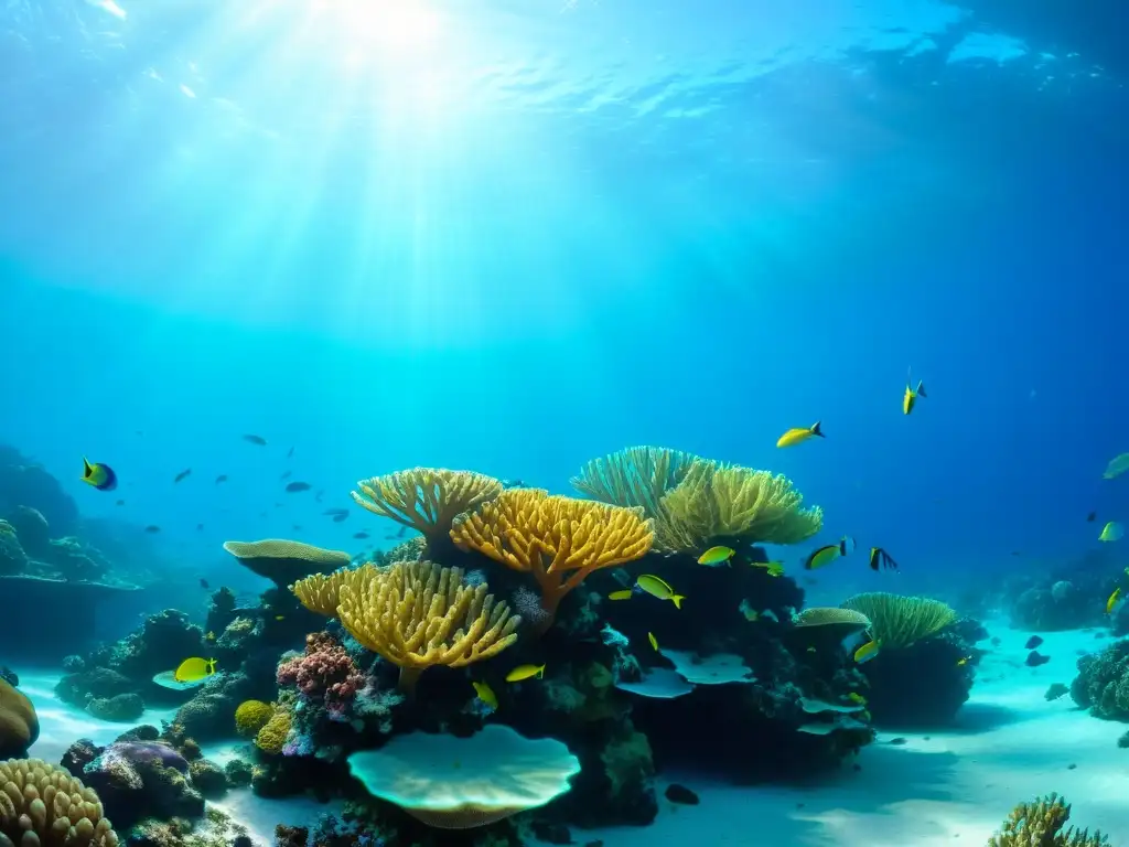 Experiencias culinarias vida marina: Un arrecife de coral vibrante, con peces coloridos y plantas marinas, bañado por la luz del sol en el agua azul