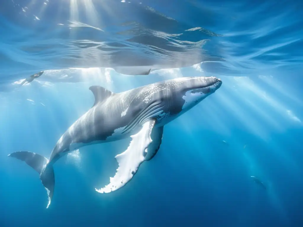 Experiencias inmersivas migración ballenas: Majestuosa ballena jorobada surcando aguas cristalinas con delfines juguetones