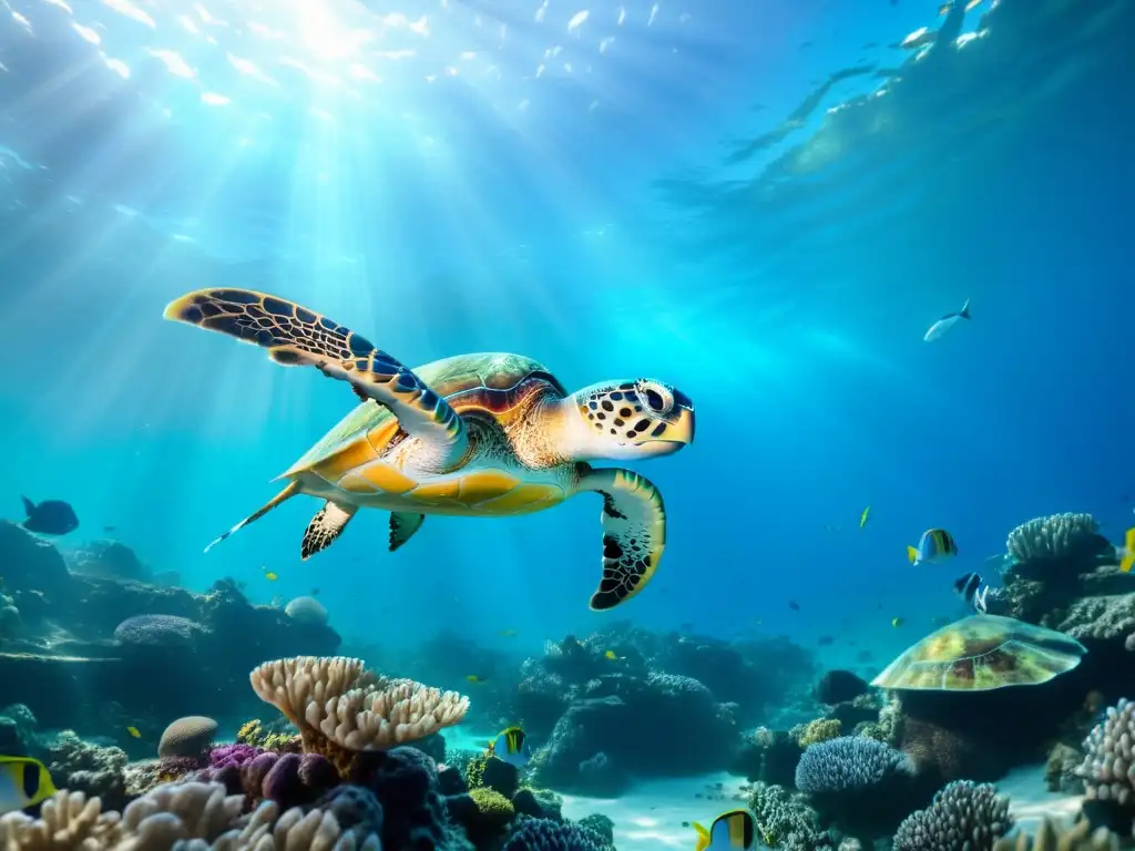 Experiencias realidad virtual aprendizaje marino: un entorno submarino virtual con arrecifes de coral, peces exóticos y una majestuosa tortuga marina