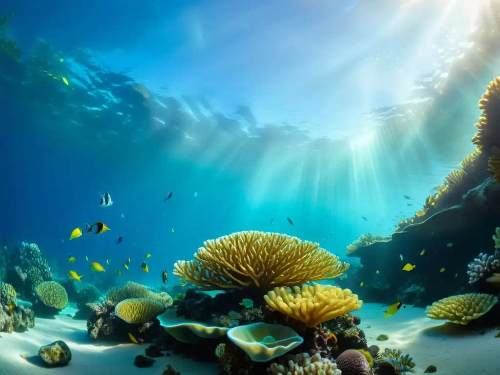 Experiencias de realidad virtual aprendizaje marino: Un vibrante arrecife de coral bajo el agua, lleno de vida y coloridos peces, plantas marinas y formaciones de coral, bañado por la luz del sol que crea una escena cautivadora y envolvente