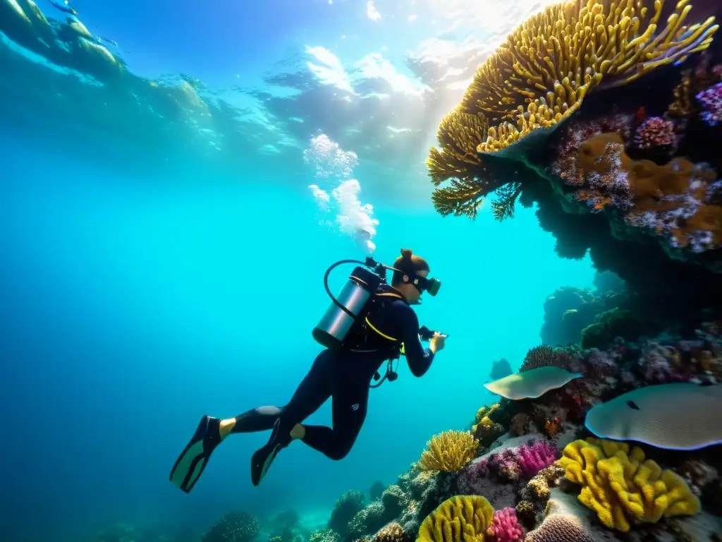 Un experimentado videógrafo submarino captura la vida marina en 8k, rodeado de arrecifes de coral y equipado con tecnología de vanguardia