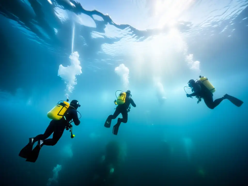 Experimentados buceadores de hielo exploran un paisaje congelado, iluminados por la suave luz natural