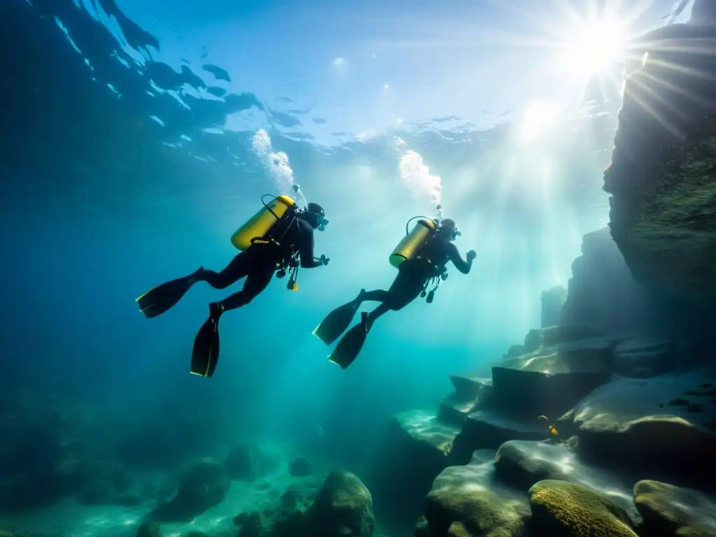 Experimentados buceadores descienden en un lago gélido, equipados para buceo aguas frías preparación