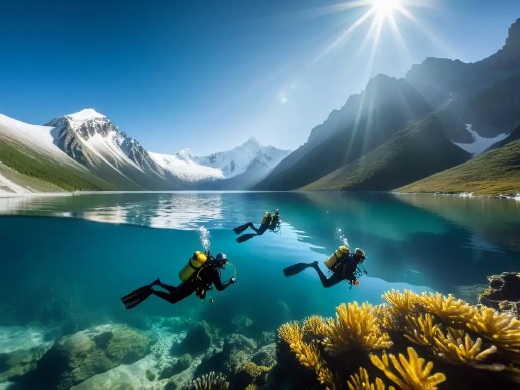 Experimentados buzos exploran las aguas cristalinas de un lago de alta altitud, rodeados de montañas nevadas