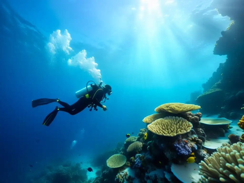 Experimentados videógrafos submarinos descienden con sus técnicas de descenso para videógrafos submarinos en un vibrante y profundo océano