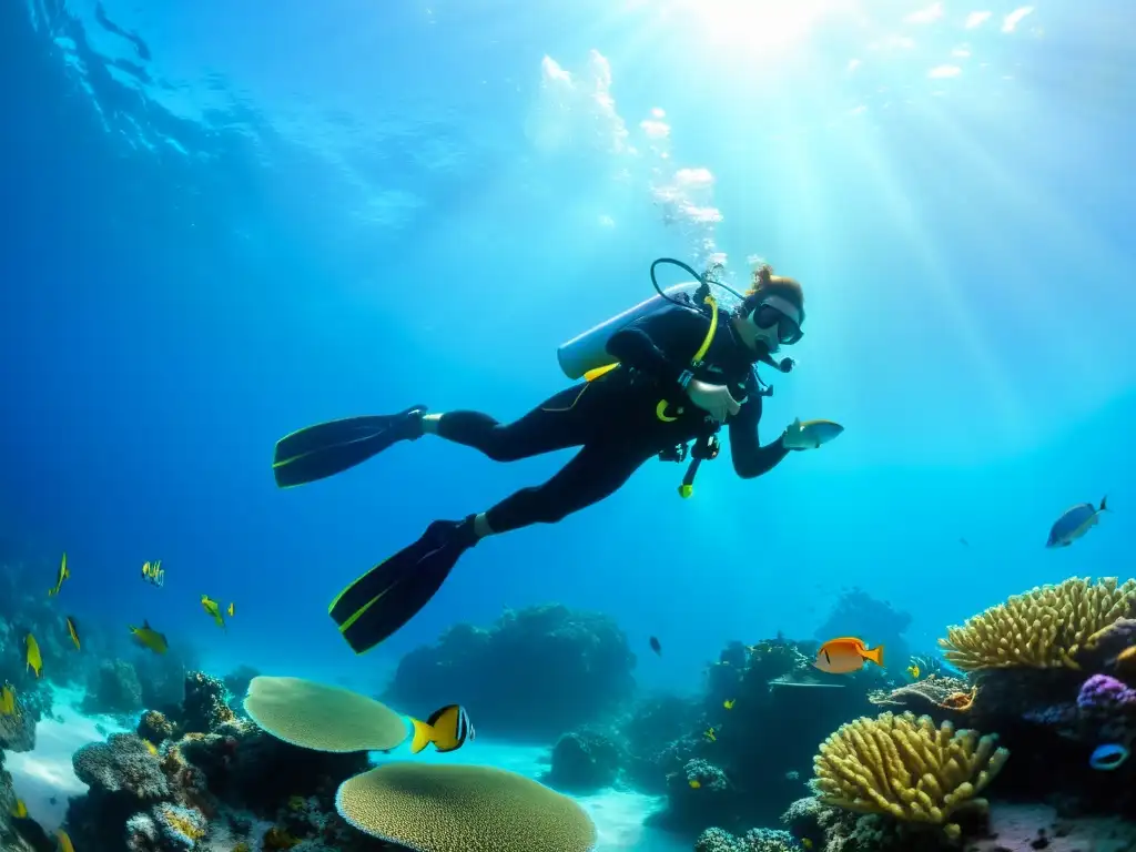 Diver experto explora arrecife de coral rodeado de peces tropicales en aguas cristalinas