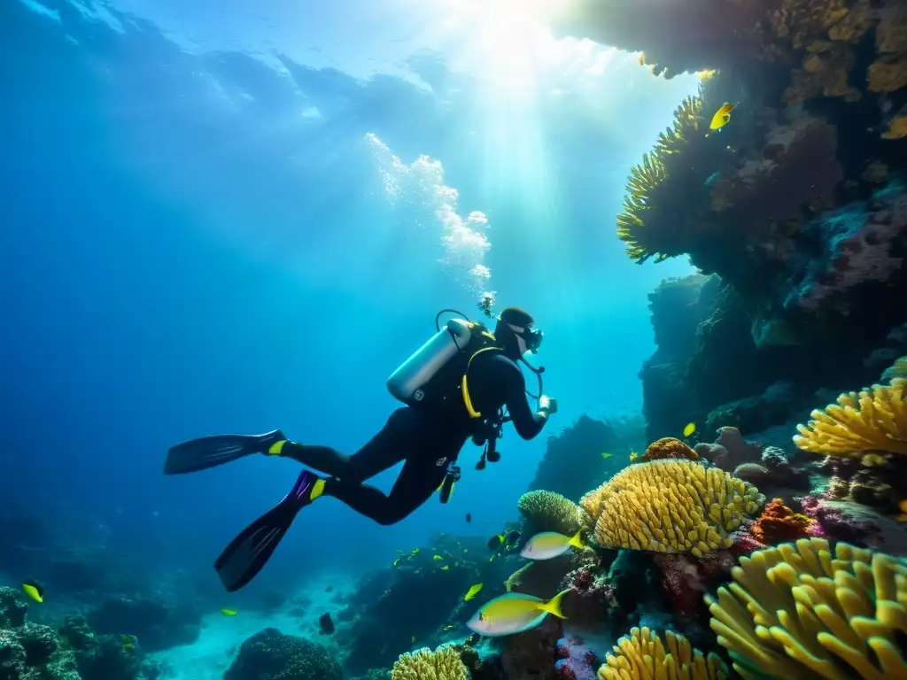 Un experto buceador desciende con gracia entre la vibrante vida marina y formaciones de coral